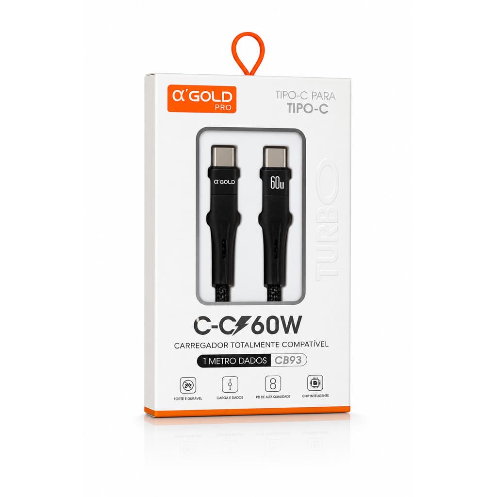 Cabo Tipo-C para Tipo-C 60W Turbo PD α’GOLD PRO CB93 Carregamento Rápido 1 Metro