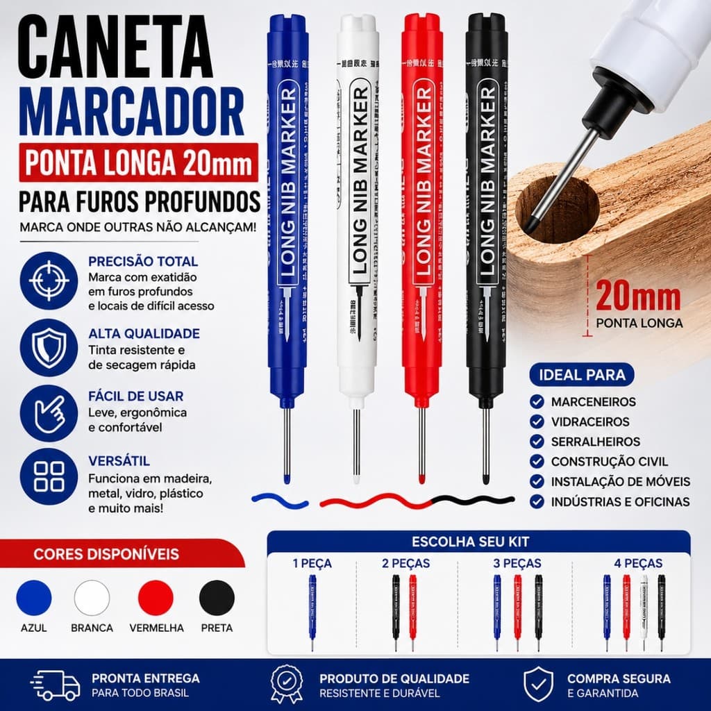 Caneta Marcador Ponta Longa 20mm Para Furos Profundos Marceneiro Vidraceiro Metal Madeira Vidro - Compre 1 a 4 Peças