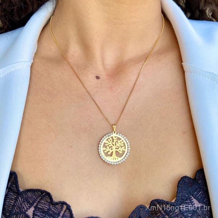 Colar Feminino Arvoré da Vida Cravejado Banhado a Ouro 18k Antialergico