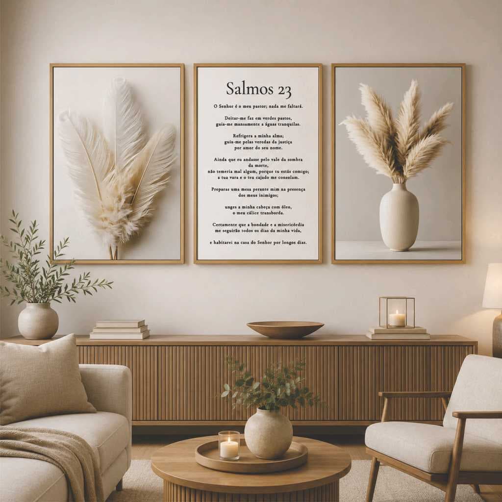 Quadros Decorativos Trio Salmos 23 com Ramos Brancos e Bege Modernos Sala Quarto