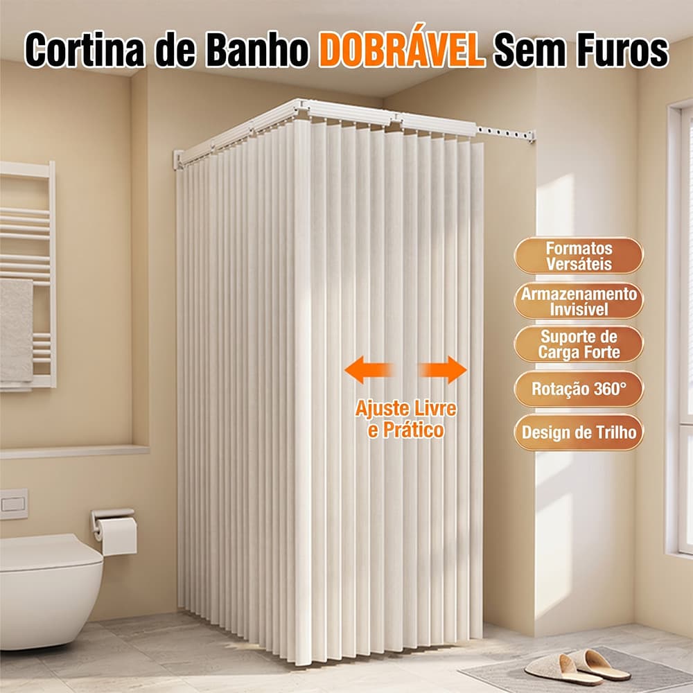 Cortina de Banheiro Box Trilho Dobrável Ajustável Sem Furo Multiuso Resistente Compacto Alumínio Impermeável 200cm
