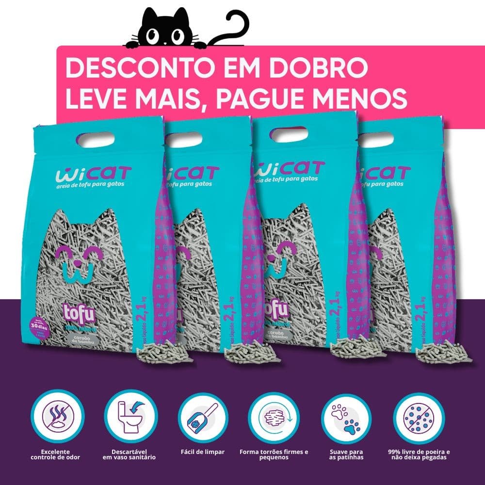 Kit 4 Areias Higiênicas de Tofu Biodegradavel Wicat Para Gato de Carvão de Bambu 2.1kg
