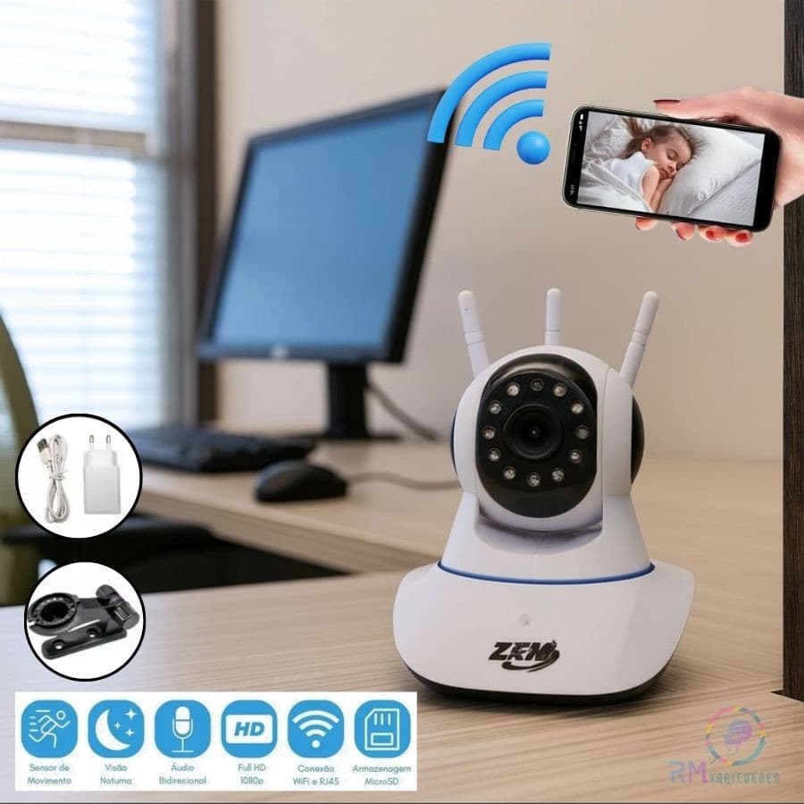 Câmera Segurança iP wifi Robô 3 Antenas 5G Sistema Yoosee Visão noturna full HD 360º babá eletrônica