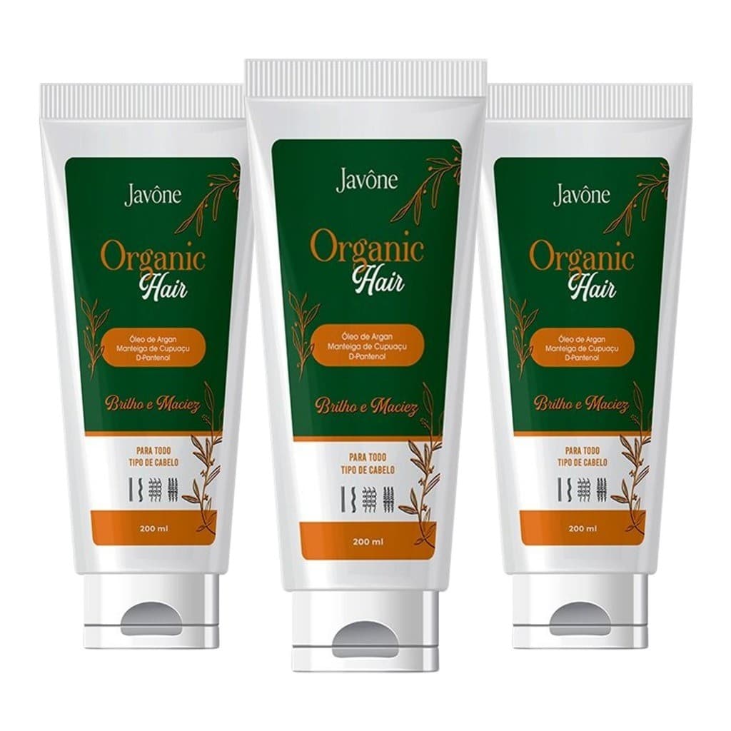 Kit 3x  Organic Hair 200ml – Brilho e Maciez com Óleo de Argan, Cupuaçu e D-Pantenol