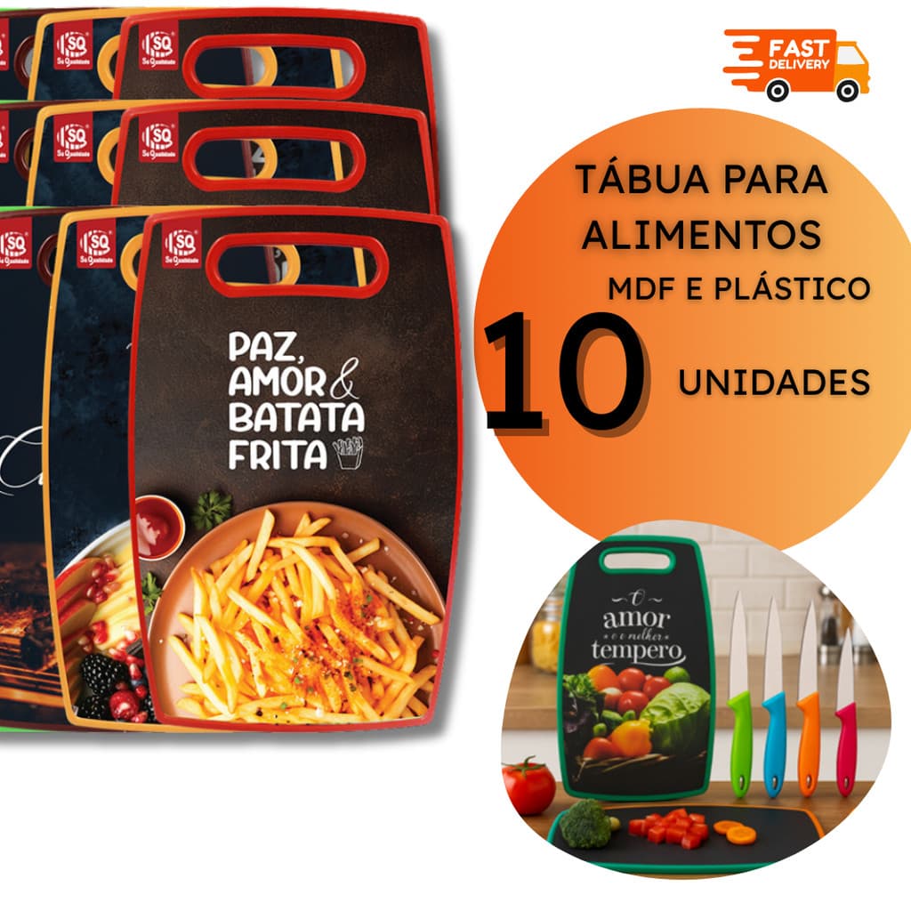 Jogo 10 Tábuas de Cozinha Tábua Corte Plástico e MDF Coloridas Carne Legumes Verduras - 2, 4 ou 10 unidades