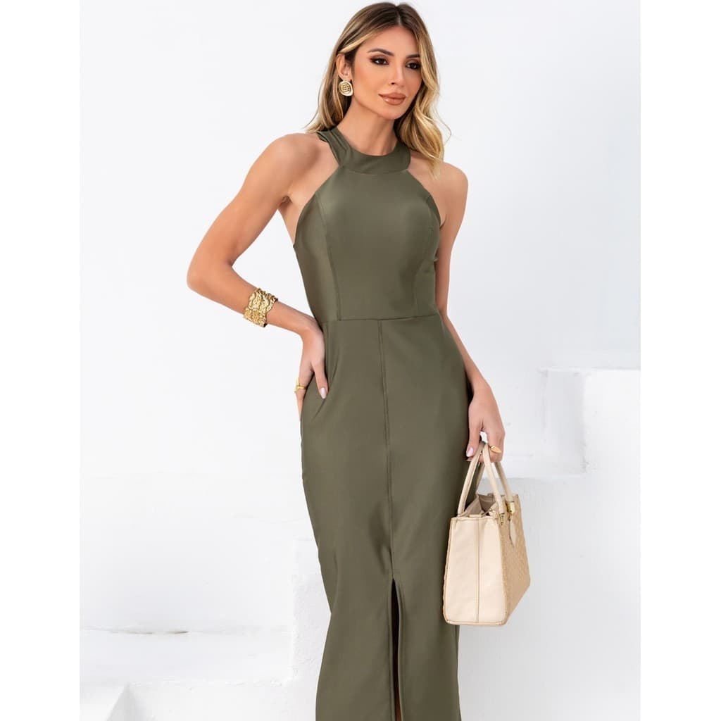 Vestido Midi Frente Única Halter com Fenda – Cruzado nas Costas / Elegante