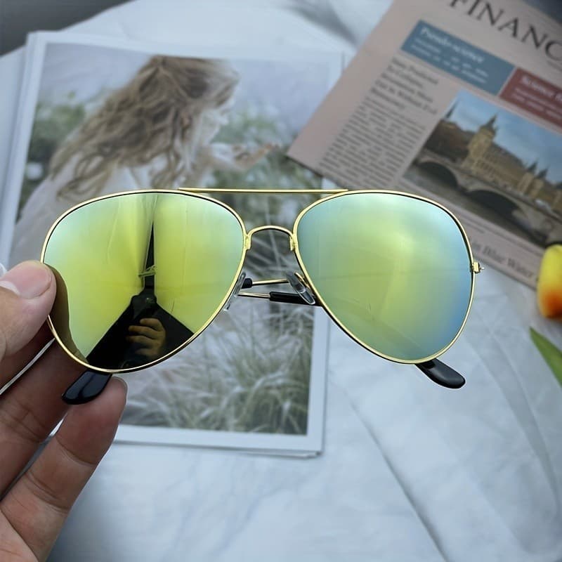 Óculos de Sol Fashion Retro com Lentes Espelhadas Coloridas para Homens e Mulheres, Armação de Metal, Lentes com Revesti
