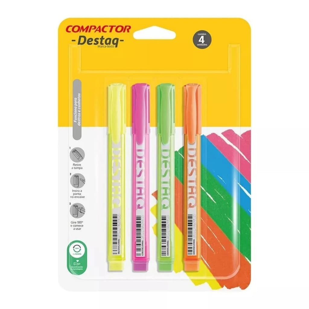 Marca texto Compactor 4 cores neon, ponta chanfrada