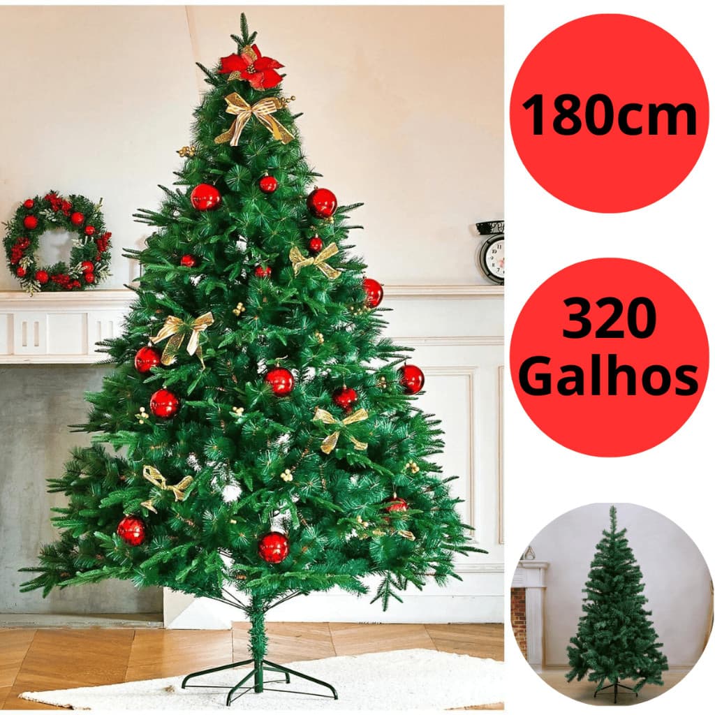 Arvore de Natal Pinheiro Tradicional 180CM 320 Galhos Ajustável Hastes Flexíveis Reforçada Pés de Ferro