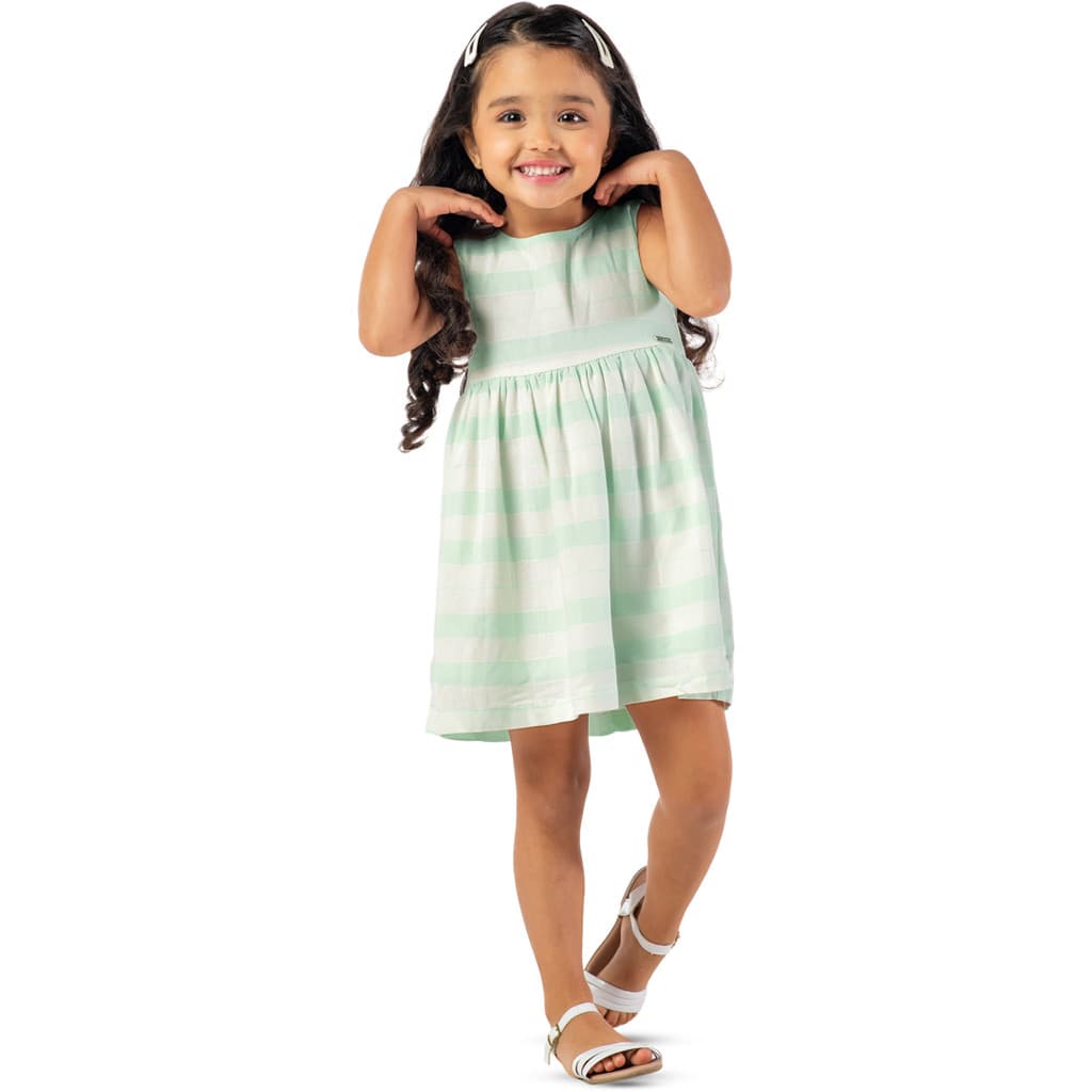 Vestido Bebê Menina Verde Listrado Casual com Laço