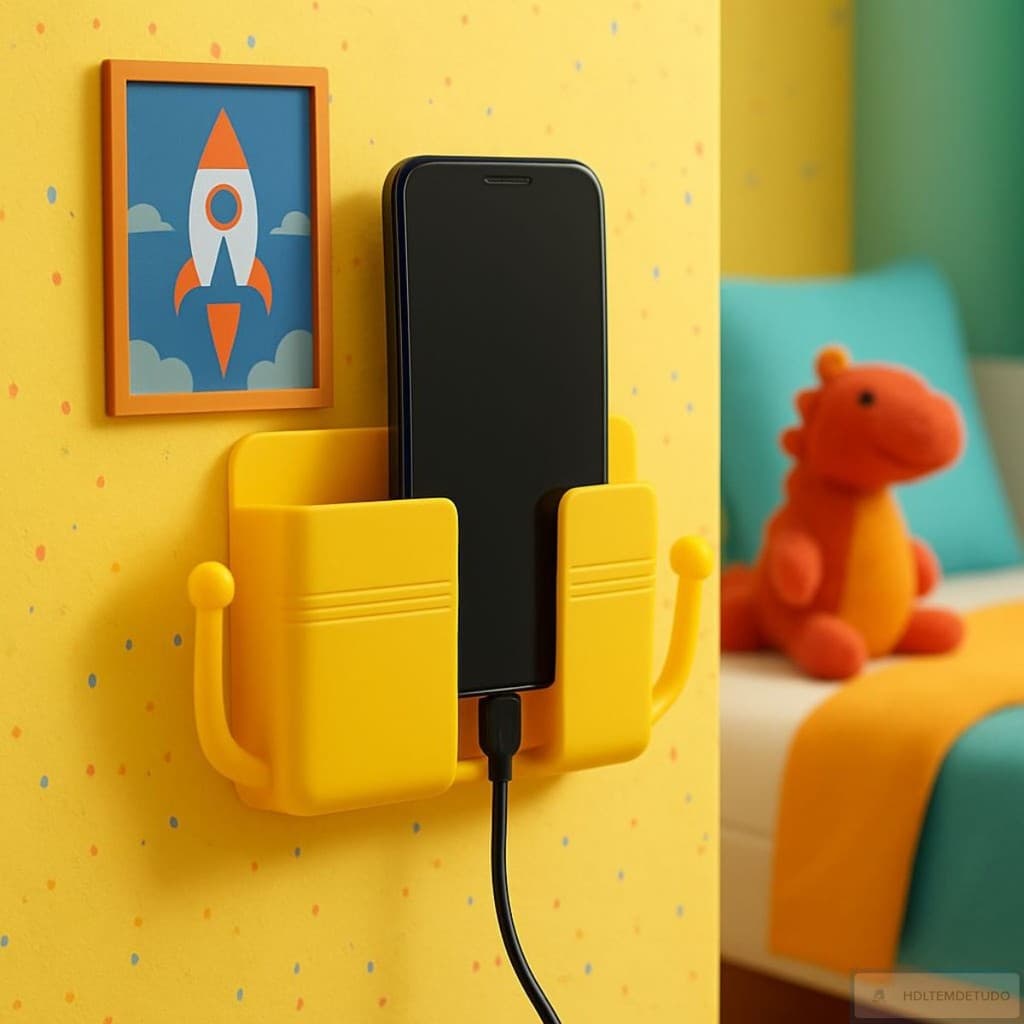 Suporte Celular de parede universal com ganchos para carregador cabos fones chaves e organização