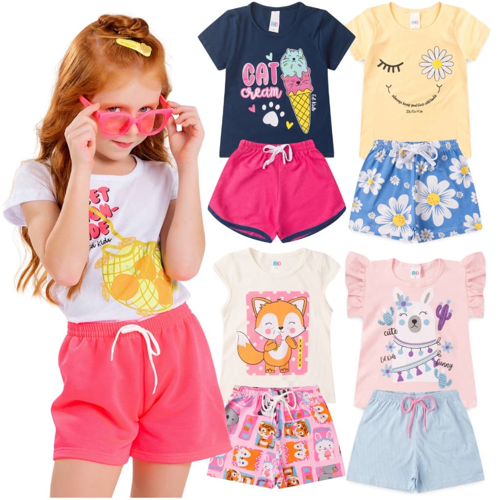 Kit Sortido 12 Peças de Roupas Infantis Feminino Verão - 6 Camisetas + 6 Bermudas Menina - ED KIDS