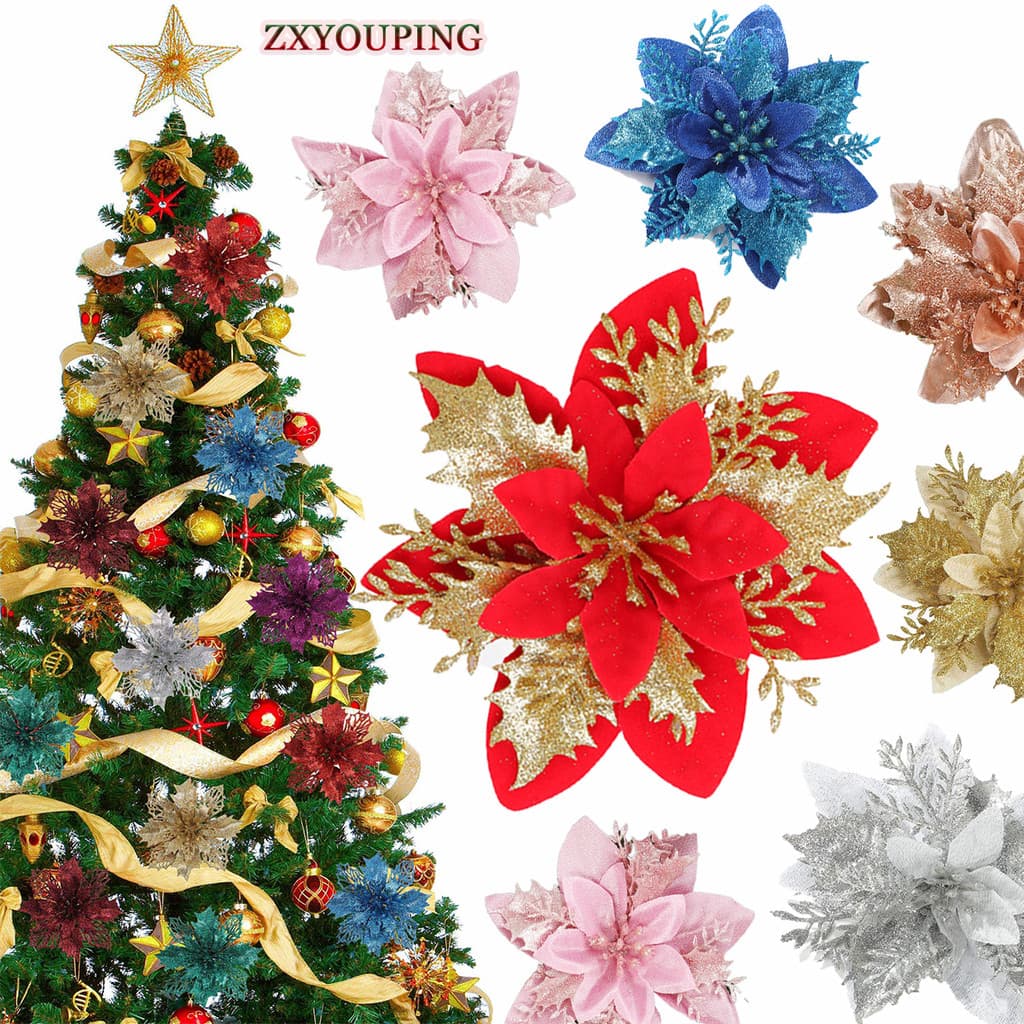 1/5/10 Pçs Decorações De Natal Flor Porto Amor Ouro Prata Vermelho Três Camadas Simulado Árvore Ornamento Adereços De Ti