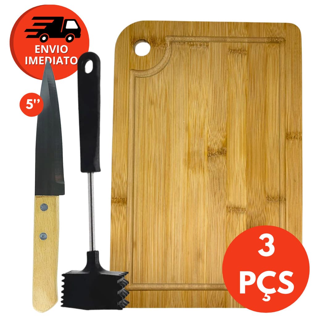 Kit Tabua Corte Madeira Martelo Amaciador Carne Batedor Faca Peixeira 5” Cozinha Restaurante