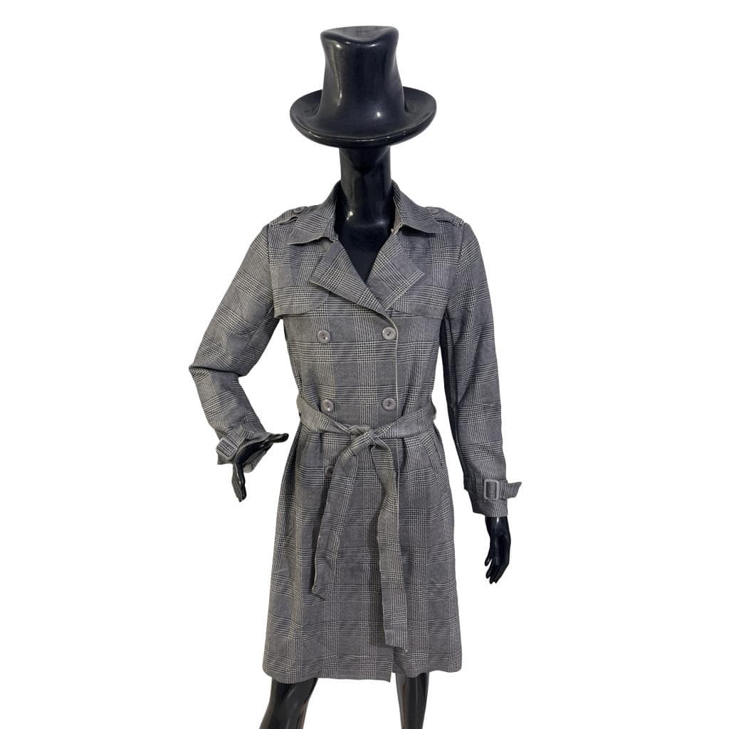 Casaco sobretudo xadrez manga longa feminino com cinto elegante Referencia W8338
