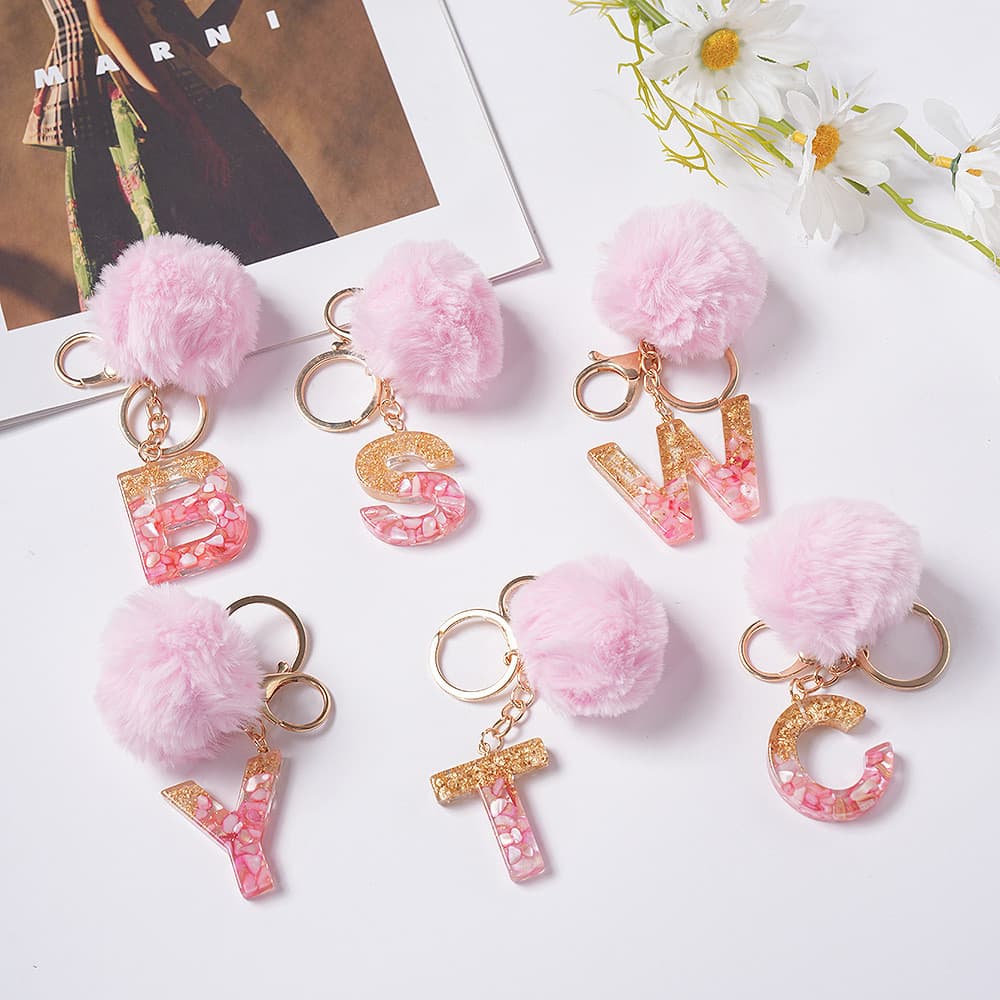 Rosa Pompom Carta Chaveiro Glitter Gradiente Resina Az Iniciais Alfabeto Pingente Feminino Bolsa Telefone Presente Decor