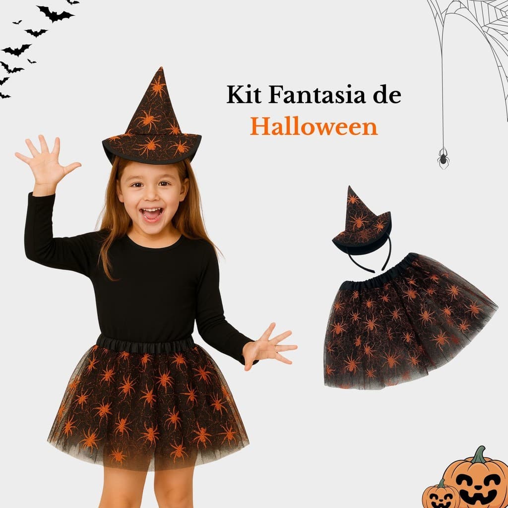 Fantasia Infantil Bruxinha Halloween – Saia Tule 30cm + Chapéu Tiara Aranha Glitter Laranja 🧙‍♀️🎃