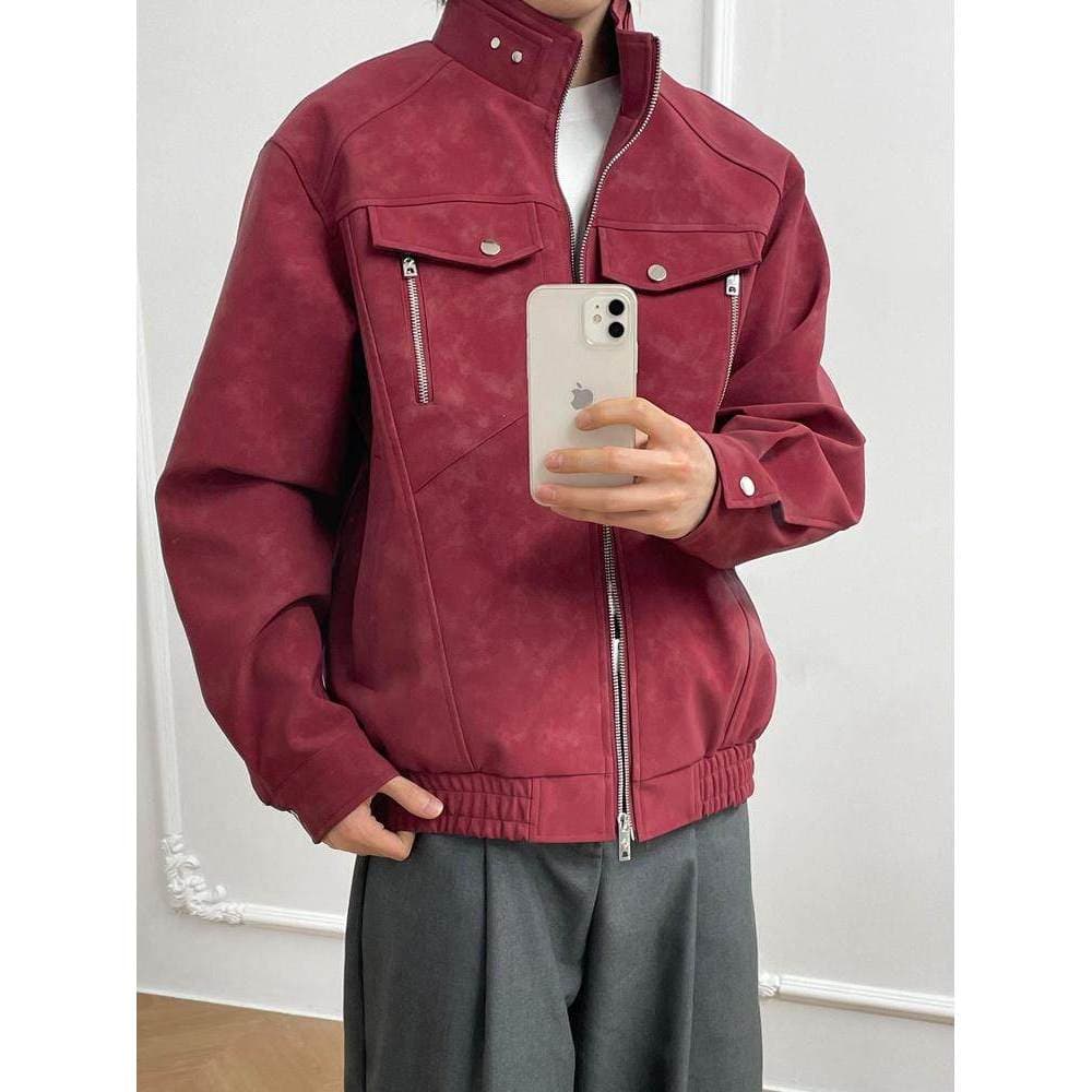 Vermelho curto jaqueta de couro do plutônio masculino outono estilo americano gola alta uniforme de beisebol 2025 solto