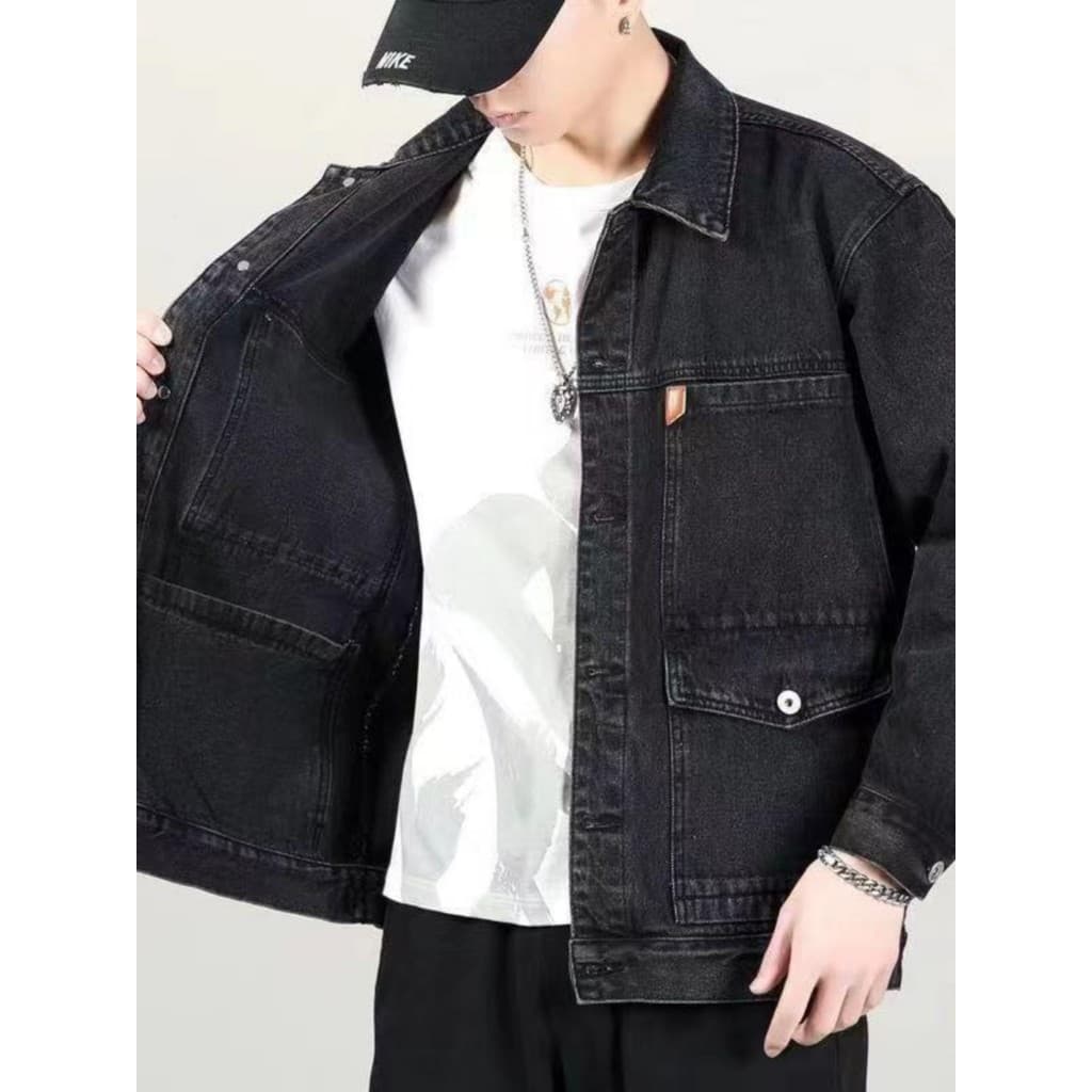 Jaqueta masculina primavera outono estilo Multi-bolso preto cinza denim jaqueta masculina High-end denim jaqueta 2024 no