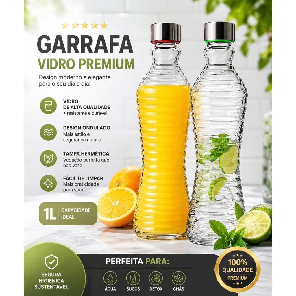 GARRAFA DE VIDRO TRANSPARENTE 1,0 LITRO TAMPA INOX ENVIO IMEDIATO