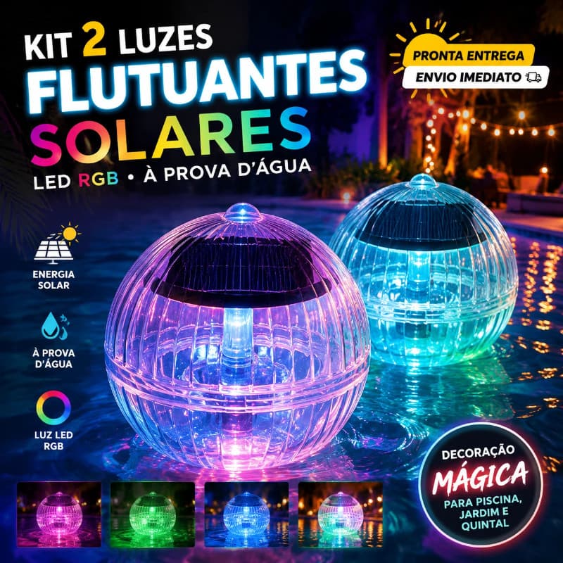 Kit 2 Luzes Flutuantes Piscina LED Lâmpada Solar À Prova D'água Luminária RGB Decoração Jardim Quintal Boia Esfera