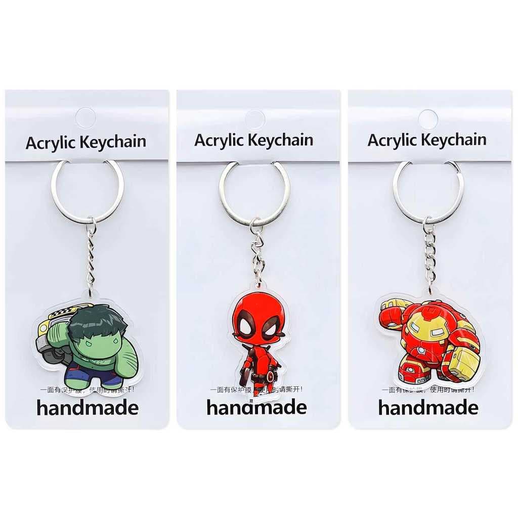 Compre 2 e ganhe 1 grátis, Hulk Anti-Hulk Armor Deadpool Thanos Spiderman Acrílico Chaveiro Pingente do Homem de Ferro