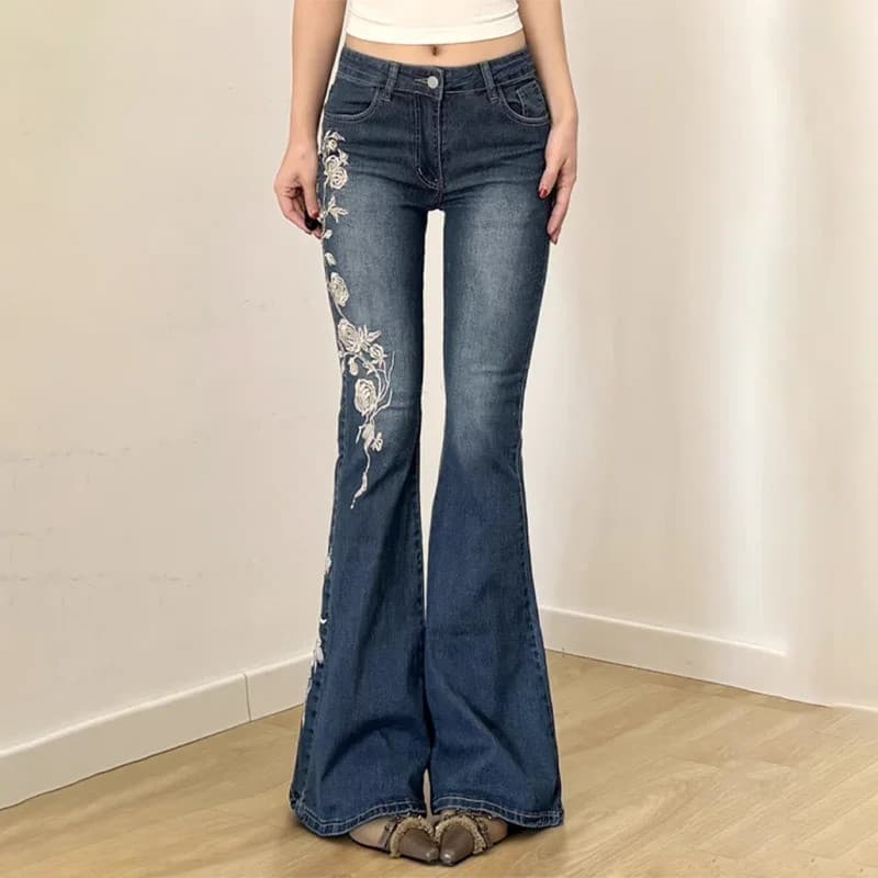 Calças Jeans Femininas Retrô Y2K, Jeans Largos com Bordado Floral, Calças Jeans Vintage Anos 2000, Cintura Baixa, Calças
