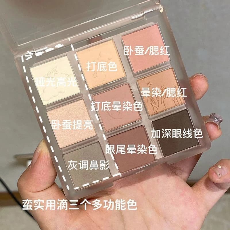 Paleta de sombras foscas de nove cores, leite, chá, terra, renderização de cores, Blush fosco de alto brilho, tudo em um