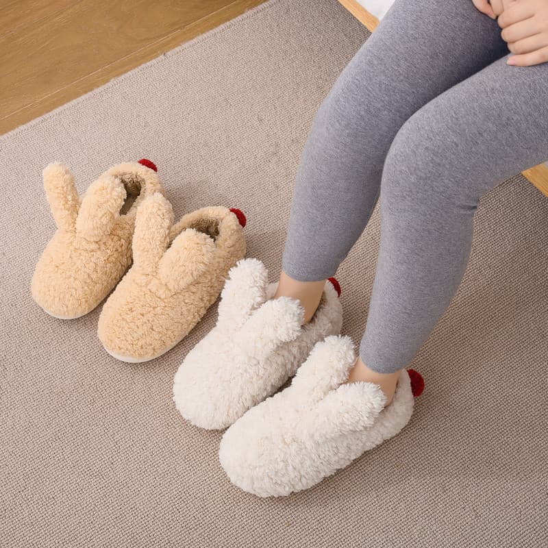 Novo bonito doce orelhas de coelho senhoras sapatos de algodão interior ao ar livre casa antiderrapante sapatos peludos