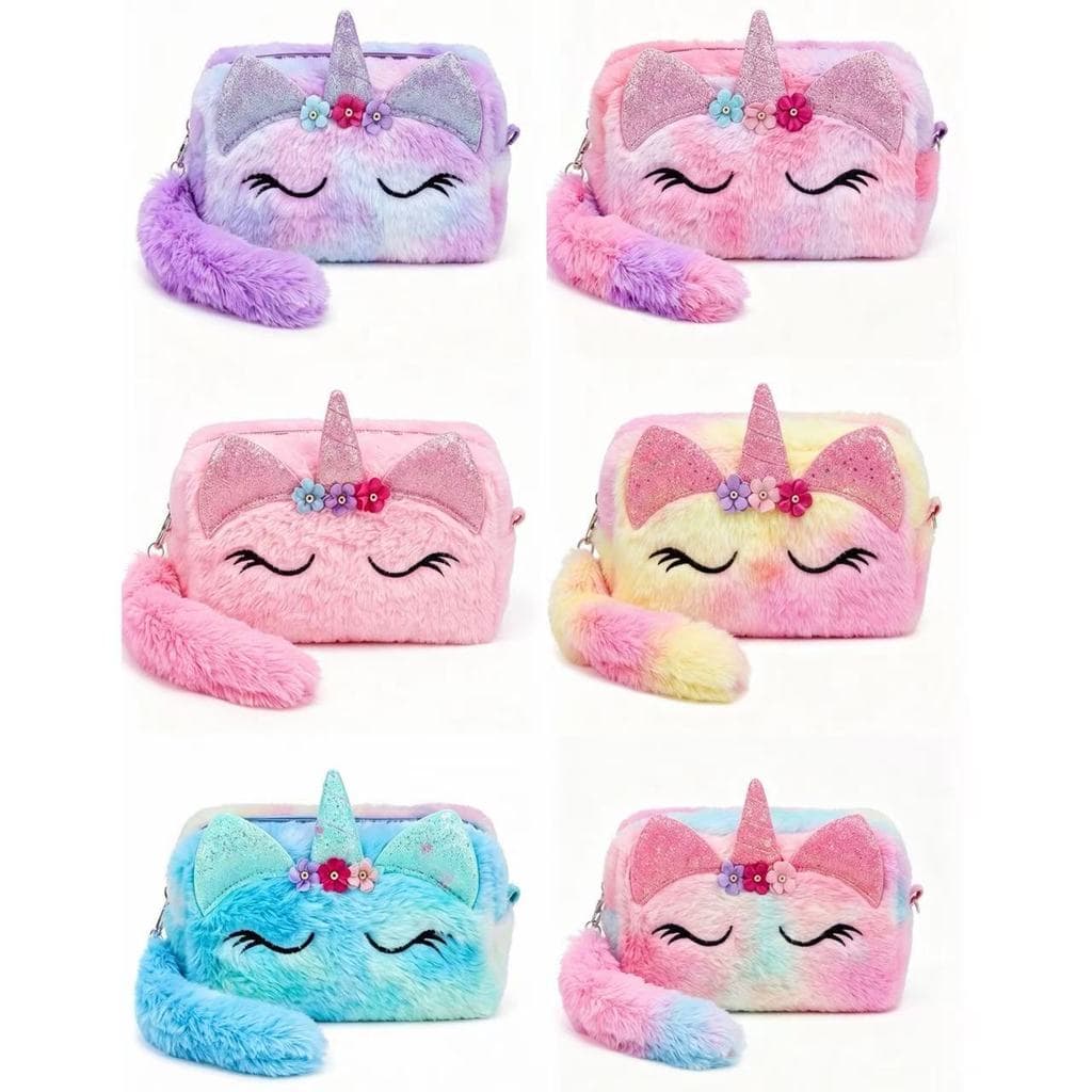 Bolsa de Maquiagem de Pelúcia Unicórnio Fofa Colorida Portátil para Meninas Viagem e Uso Diário