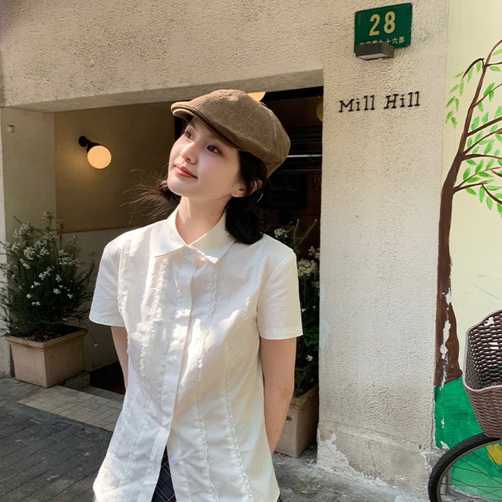 Feminino branco camisa de manga curta feminina estilo Preppy Design superior renda magro-ajuste camisa primavera verão n
