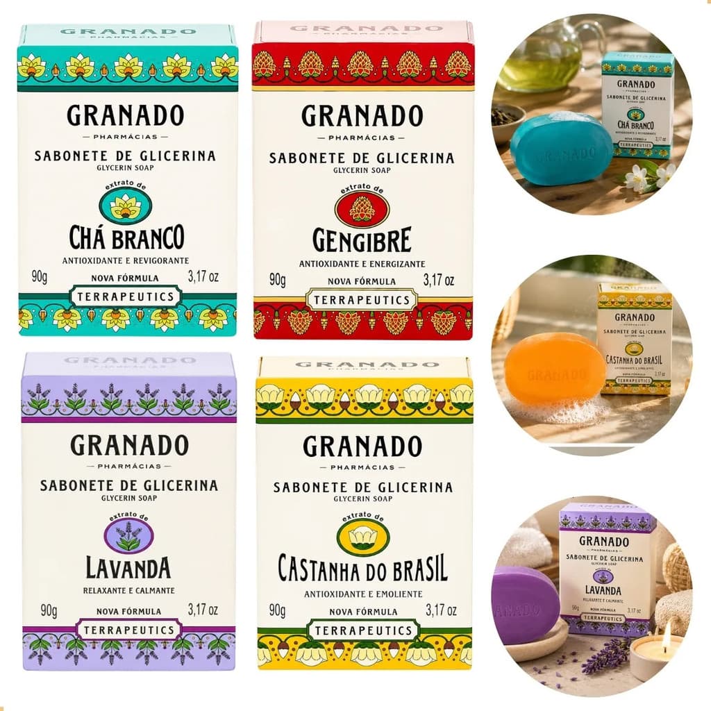 Kit 4 Sabonetes Granado Glicerina 90g Fragrâncias Preferidas Lavanda Chá Branco Gengibre Castanha
