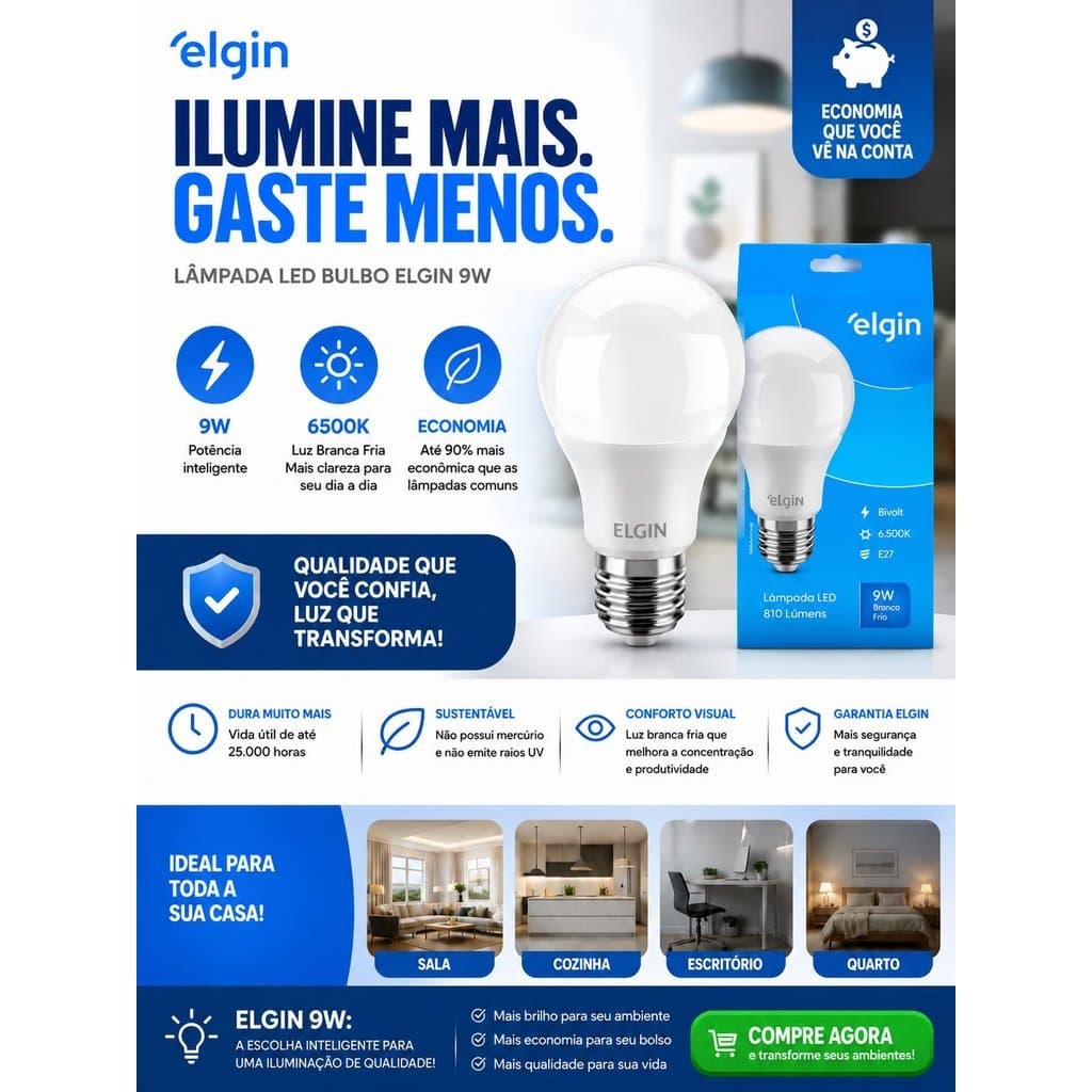 Kit Lâmpadas LED Elgin 9W Econômica  Bulbo E27 Alta Durabilidade Branca Bivolt  Fria