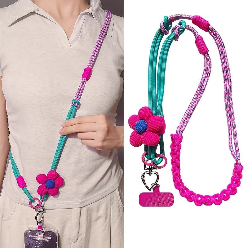 Cordão Para Celular crossbody Flor Longa De Três Propósitos , Corda Removível Tecida À Mão , universal Viagens Ao Ar Liv