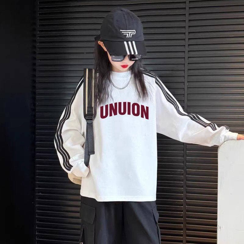 Crianças estilo Casual carta impressa puro algodão manga comprida camiseta meninos meninas solto caído mangas de ombro t