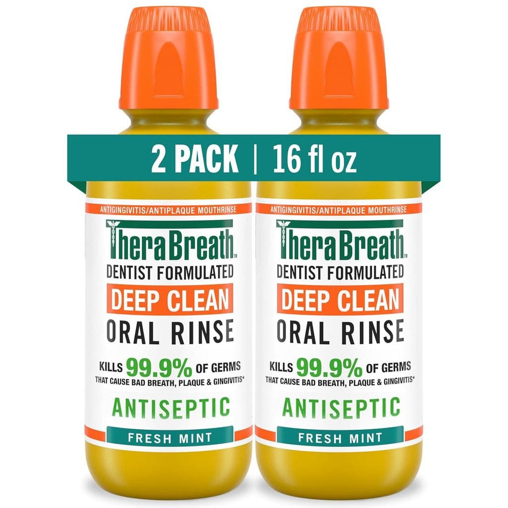 Enxaguante bucal TheraBreath Deep Clean, benefícios antissépticos, sabor de menta fresca, formulado por dentistas, sem á