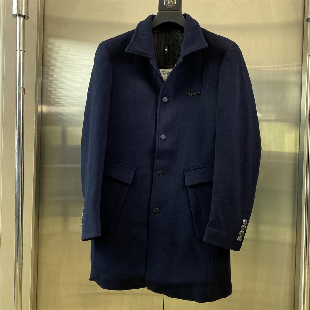 Casaco de lã Casual de negócios masculino de comprimento médio azul escuro gola alta Slim-F