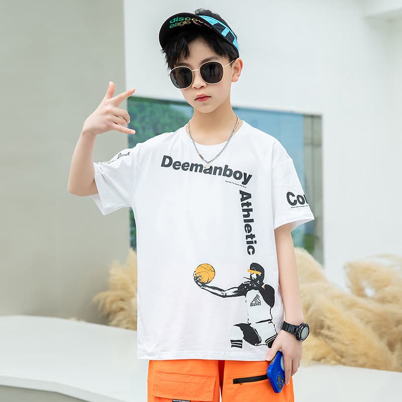 GILE roupas de verão meninos puro algodão manga curta camiseta verão roupas infantis em torno do pescoço camisa de fundo
