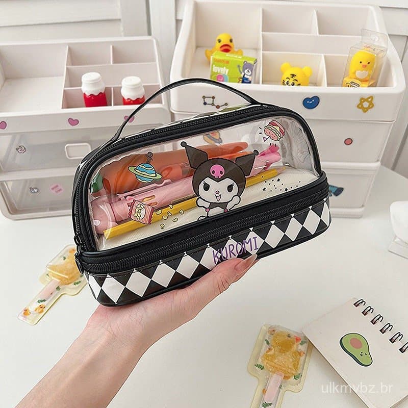 Estojo de Lápis Transparente de Grande Capacidade com Camada Dupla Kawaii Hello Kitty Dos Cartoon Kuromi Cinnamoroll Pap
