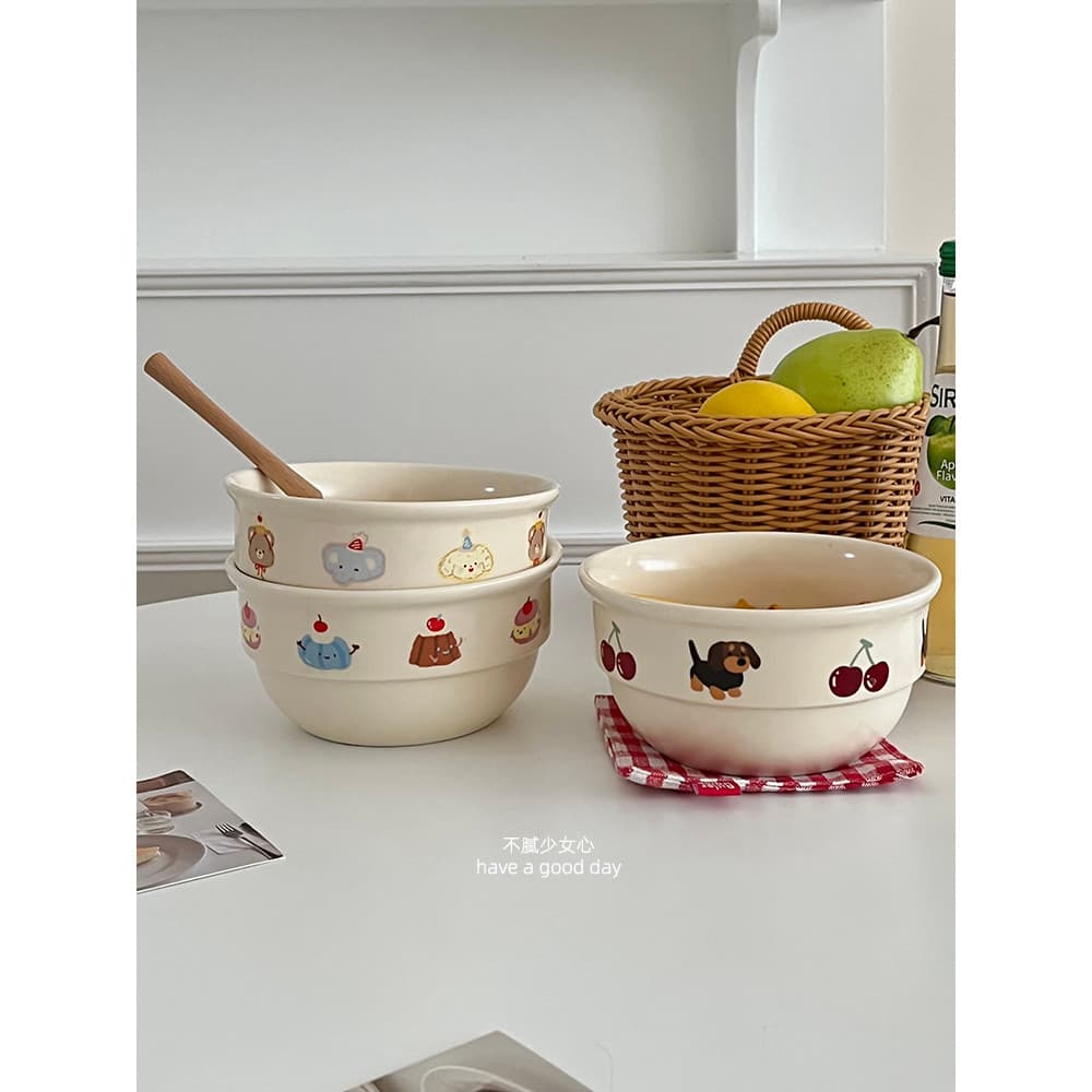 Ins estilo Original dos desenhos animados bonito cereja Dachshund cão cerâmica talheres casa tigela de arroz salada