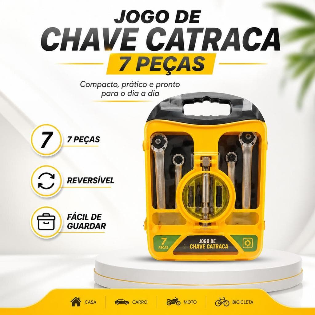 Jogo de Chave Catraca 7 Peças Portátil com Estojo Organizador, Kit de Ferramentas Compacto para Casa, Carro, Moto e Bici