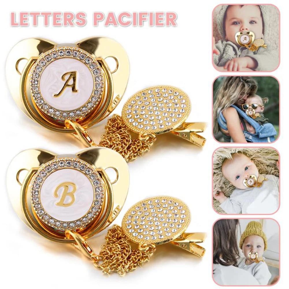 Chupeta de bebê personalizada com 26 letras douradas e clipe de corrente LKGD