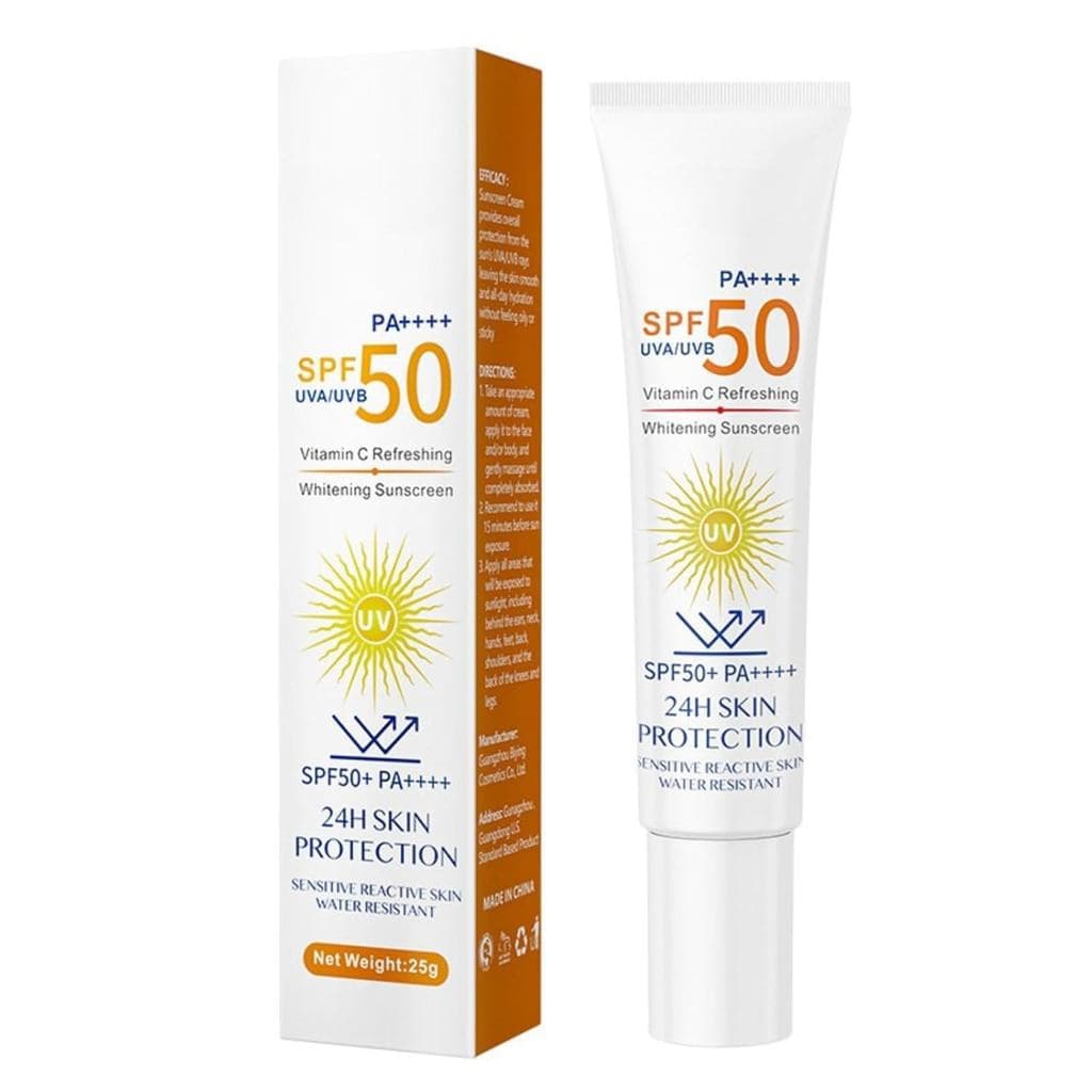 Protetor solar facial, um protetor solar com efeitos hidratantes e calmantes, oferece proteção UV, FPS50+, contém vitami