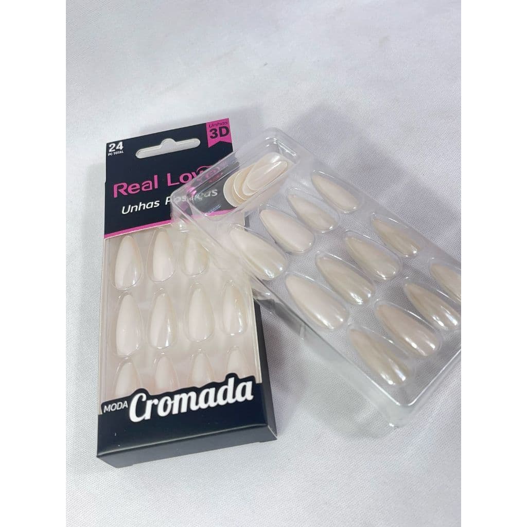 Unha postiça Real love modelo MODELO ALMOD -AMENDOADA vermelha e branca cromada