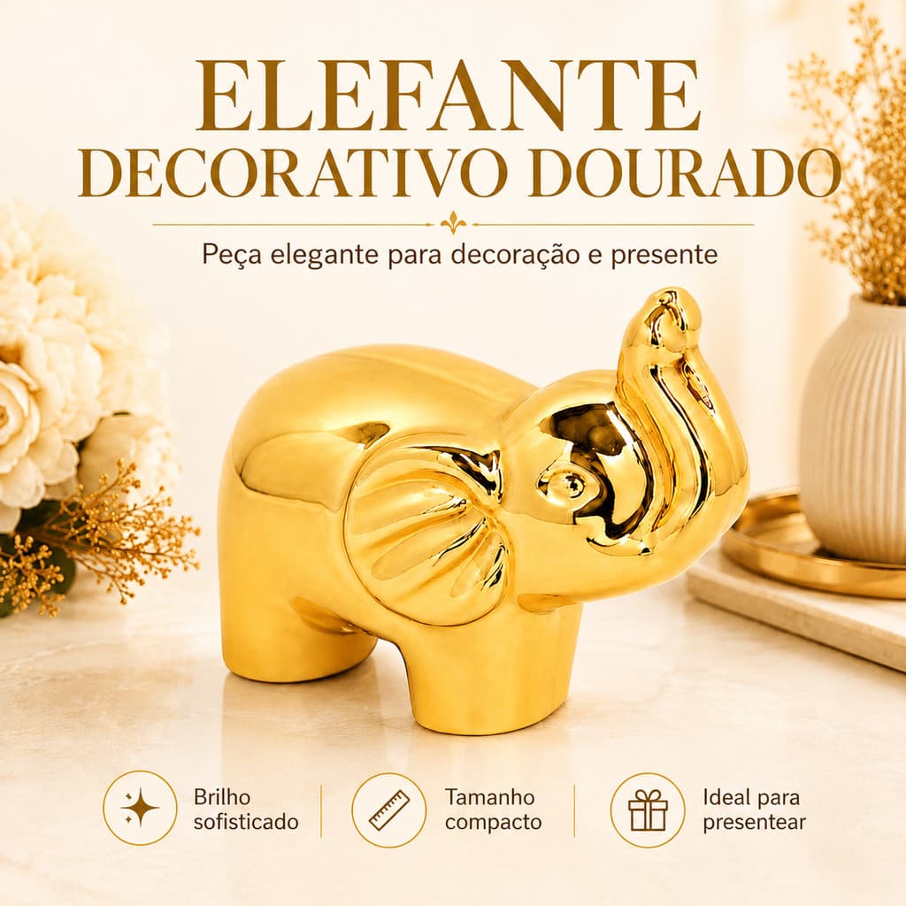 Enfeite Elefante Dourado 6cm Cerâmica Decorativo Sorte Luxo Mesa Aparador