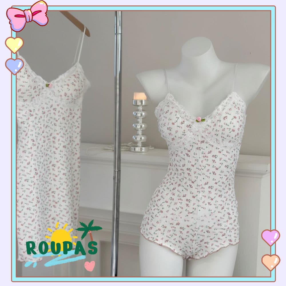 Vestido Feminino ROUPAS , Macacão De Uma Peça Sem Mangas Com Acabamento Em Renda , De Camisola Estampa Floral Slim Fit V