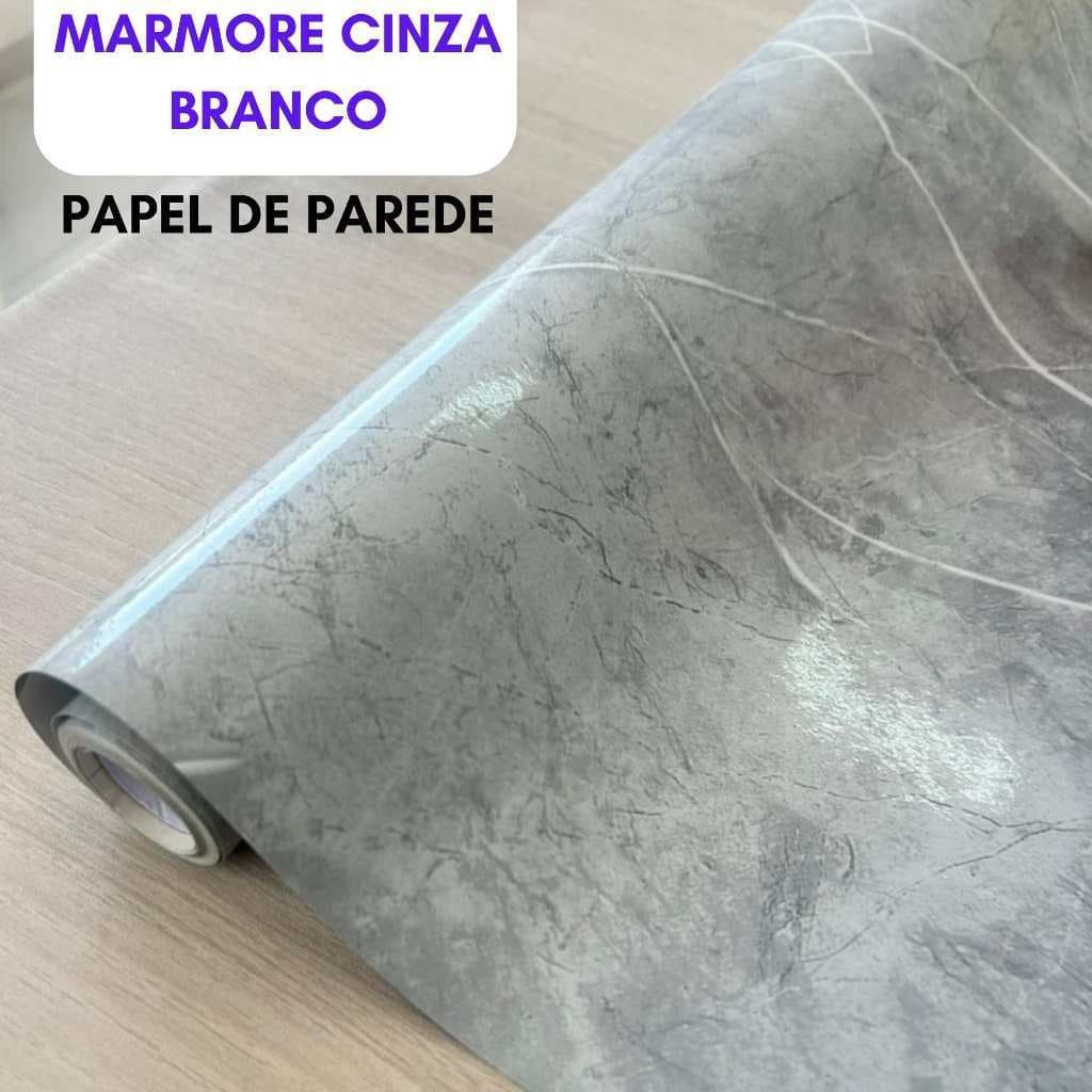 Papel de Parede Adesivo Mármore Cinza Vincos Em Branco Brilhante Decoração Rústica Rolo 5MX60CM Vinílico Lavavél
