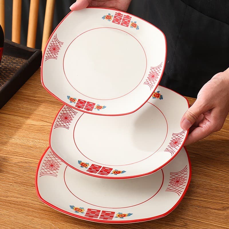 Dupla felicidade cerâmica comercial placa vegetal Underglaze cor Catering restaurante redondo quadrado grande vermelho e