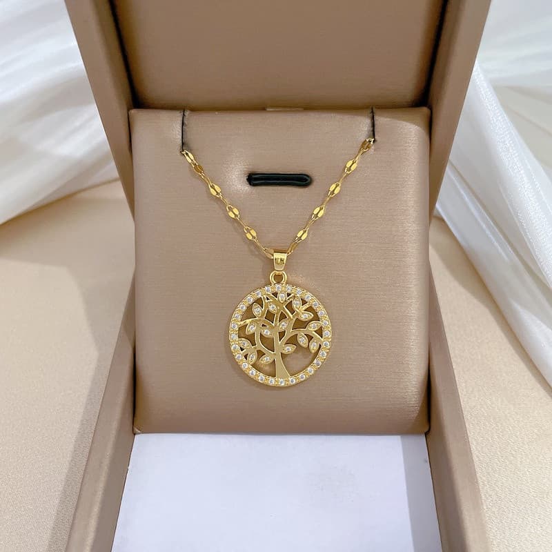 Colar Luxuoso Árvore da Vida, incrustado com zircônia, estilo feminino, pingente grande de aço inoxidável, joia, acessór