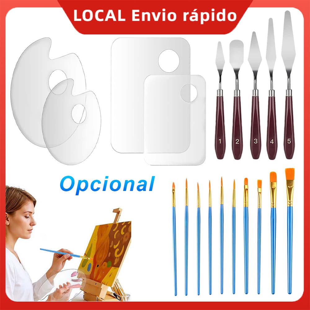 Kit Pincéis Espátulas e Paletas 19 Peças, Material de Arte para Pintura Acrílica Óleo Aquarela